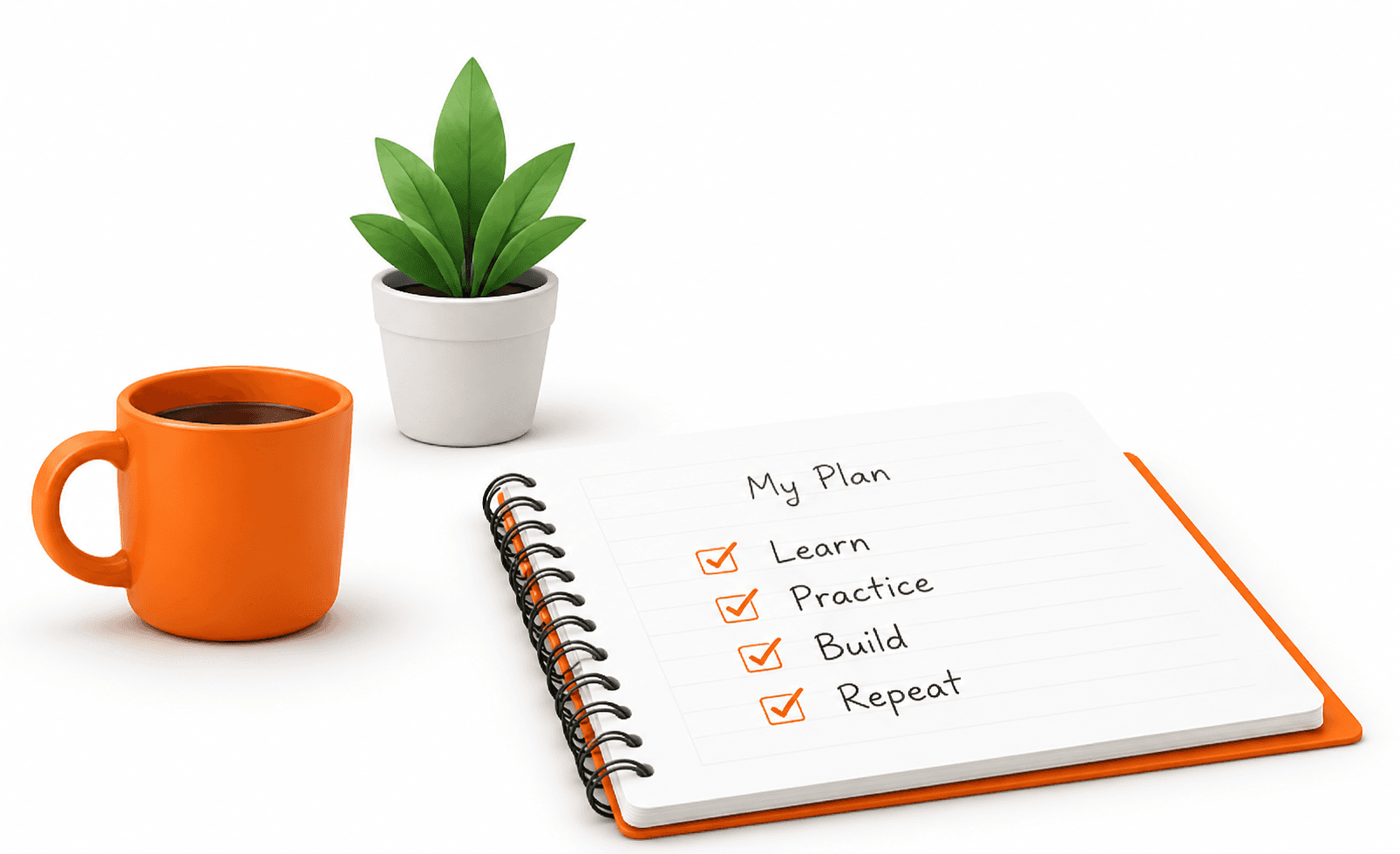 Plant, coffee mug and learning plan notebook