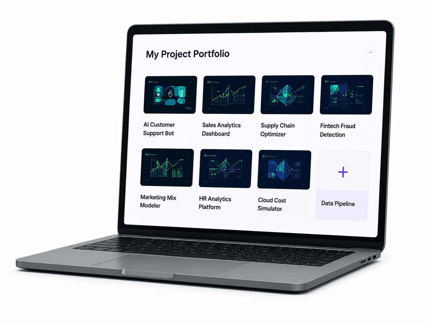 Project portfolio dashboard shown on a laptop
